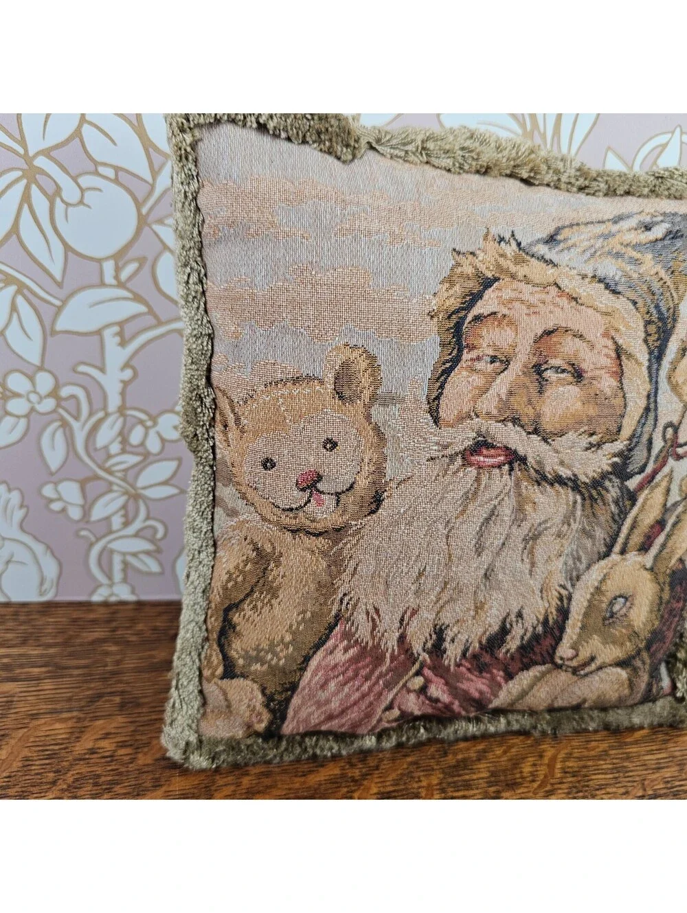 Vintage Old World Santa Tapestry Pillow Bunny Teddy Bear Horse Christmas